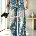 Stylish and Distinctive Leopard Print Denim High Rise Pocket Wide Leg Jeans