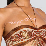 Bohemian Flair Chiffon Golden Paisley Print Cutout Halter Maxi Dress