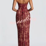 Sian Floral Lace Contrast Structural Detail Back Lace-up Strapless Slit Maxi Dress