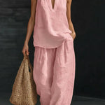 Linen Blend Solid Color V-neck Sleeveless Loose Top and Elastic Waist Casual Pocket Pants Set