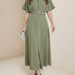 Loose Raglan Sleeve Pleated Split-Front Split-Joint Tied Waist Round-Neck Maxi Dresses