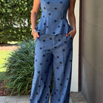 Jolene linen blend Polka Dot Print Flare Hem Slip Top and Pocket Wide Leg Pants Set