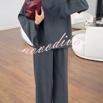High Level Striped High Neck Long Slit Sleeve Top and Elastic Waist Pocket Loose Pants Set