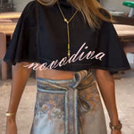 Next Vacation Denim Mock Neck Short Flutter Sleeves Crop Top