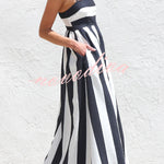 Color-blocked Striped Print Square Neck Suspender Casual Pocket Maxi Dress