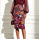 Analie Chiffon High Neck Lantern Sleeve Floral Sequined Hem Sheath Midi Dress