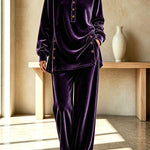Velvet Button Detail Shirt Neck Top and Elastic Waist Pocket Wide Leg Pants Set