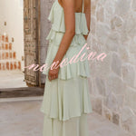 Solid Color Chiffon Halter Neck Elegant Ruffle Maxi Dress