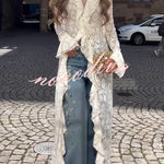 Vivianna Floral Lace Ruffles Trim Long Bell Sleeve Lapel Maxi Dress