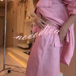 Solyn Linen Blend Double-layer Flap Long Sleeve Shirt and Elastic Waist Pocket Bahamian Shorts Set