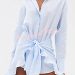 Solid Color Collared Long-sleeved Casual Shirt Style Lace Up Vacation Mini Dress