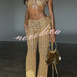 Gold Coast Knit Sequin Fabric Short Sleeve Crop Top and Adjustable Beaded Waist Loose Pants Set