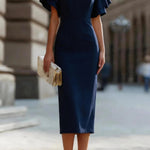 Solid Color Round Neck Ruffle Sleeve Elegant Slim-fit Midi Dress