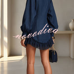Stand Collar Double Gold Buttons Long Lantern Sleeve Lace Hem Loose Mini Dress