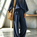Retro Style Polka Dot Print Batwing Sleeve Top and Elastic Waist Loose Jogger Pants Set