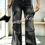 Chic Style Denim Decorative Button-stud Detail High Rise Pocket Loose Jeans