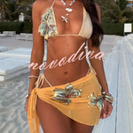 Gradient Floral Embellishment Tie-up Two-piece Stretch Bikini Swimsuit and Holiday Sheer Mini Skirt Set