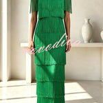 Elowyn Mesh Tiered Tassel Patchwork Round Neck Cape Sleeve Midi Dress
