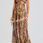 Bohemian Flair Chiffon Golden Paisley Print Cutout Halter Maxi Dress