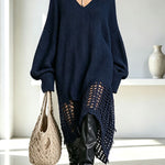Knit V-neck Long Sleeve Asymmetrical Cut-out Detail Hem Loose Sweater Midi Dress