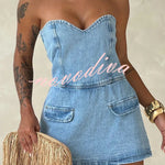 Avantie Denim Off Shoulder Back Smocked Zipper Romper