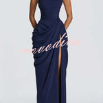 Cyra Back Lace-up Asymmetrical Pleats Strapless Slit Maxi Dress