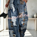 Faux Denim Unique Print Mid Rise Silver Stud Detail  Pocket Barrel Pants