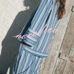 Althea Striped Print Lace-up Neck Long Sleeve Top and Elastic Waist Pocket Lantern Pants Set