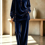 Velvet Button Detail Shirt Neck Top and Elastic Waist Pocket Wide Leg Pants Set