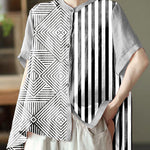 Boho Orange Summer Side Open Stand Collar Ramie Loose Short Sleeve