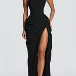 Cyra Back Lace-up Asymmetrical Pleats Strapless Slit Maxi Dress