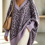 Relaxed Style Knit Leopard Print V-neck Batwing Sleeve Loose Sweater