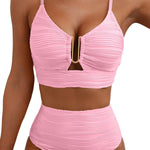 Solid Color V-neck Hollowed-out Pleated High Waist Stretch Two-Piece Bikini Swimsuit