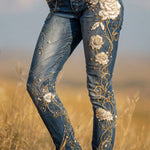 3D Floral Print Pocket Casual Jeans