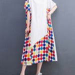 Loose Short Sleeves Multi-Colored Polka-Dot Split-Joint Round-Neck Midi Dresses
