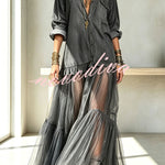 Retro-style Faux Denim Long Sleeve Pocket Tulle Hem Shirt Maxi Dress