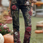 3D Floral Print Pocket Casual Jeans