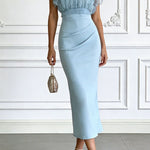 Sheer High-Neck Ruffle Sleeve Back Tie-up Top and Slip Ruched Midi Dress Two Pieces Set