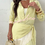 Sorena Linen Blend Button Up Long Sleeve Midi Blouse and Tassel Trim Warp Cover-up Mini Dress Set