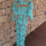 Kylee Floral Cutout Embroidered High Neck Bell Sleeve Crop Top and High Rise Flare Maxi Skirt Set