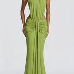 Thekla Stretch Slinky Jersey High Neck Ruched Backless Drape Maxi Dress