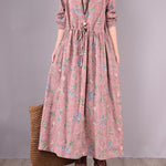 Vintage Floral Printed Ramie Cotton Loose Midi Dress