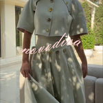 Custom Look Linen Blend Unique Metal Pattern Buttons Slit Half Sleeve Crop Jacket