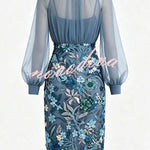 Analie Chiffon High Neck Lantern Sleeve Floral Sequined Hem Sheath Midi Dress