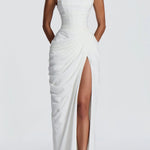 Cyra Back Lace-up Asymmetrical Pleats Strapless Slit Maxi Dress