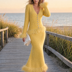 Retro-chic Yellow Knitted Skirt Set With Feather Fringe Details