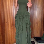 Elegant Sleeveless Off-shoulder Fitted Ruffled High Slit Maxi Dress