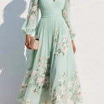 Floral Print V-neck Long-sleeved Fitted Waist Casual Maxi Dress