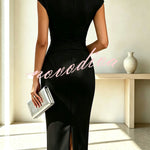 Elegant Solid Color Floral Embellished Pleated Waist Short Sleeve Midi Dress
