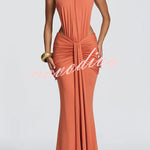 Thekla Stretch Slinky Jersey High Neck Ruched Backless Drape Maxi Dress